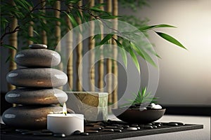 Tranquil Zen Spa Experience: Banner Relaxation Among Stacked Stones and Serene Scene. Beauty Salon Massage Atmosphere. Generative