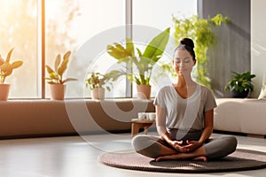 Tranquility in Comfort. Young Womans Relaxation Yoga Practice Unwinds in Cozy Living Room