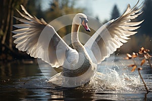 Tranquility embodied as a swan gracefully glides on a lake photo