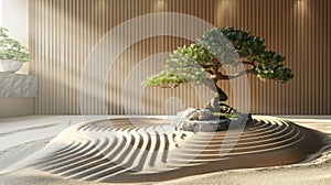 Tranquility fills the air in a Zen garden scene as a carefully sculpted bonsai tree sits atop raked sand patterns, bathed in soft