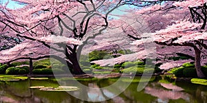 Tranquility of a serene botanical garden. Panorama