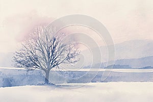 The tranquility of a solitary tree, rendered in subtle pastel shades, creating a soft watercolor effect AI Generate