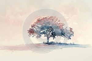 The tranquility of a solitary tree, rendered in subtle pastel shades, creating a soft watercolor effect AI Generate