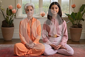 Tranquilizing moments. Joyful aged woman and her grand daughter find serenity in home yoga practice