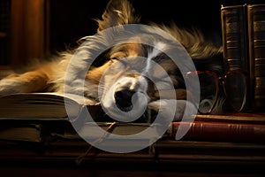Tranquillizing Dog asleep reading. Generate Ai