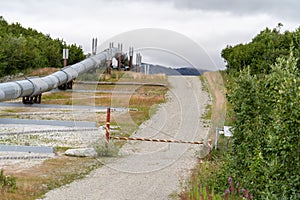 Close up view of the Trans Alaskan Pipeline and a dirt road in Delta Junction Alaska