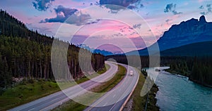 Trans-Canada Highway in Canadian Rockies. Sunrise Sky. Alberta, Canada