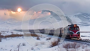 Trans-Siberian Railway Running in the cold, snowy weather in Mongolia, It was snowing heavily