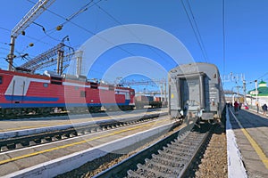 Trans Siberian railway track platform view and blue sky, Russia