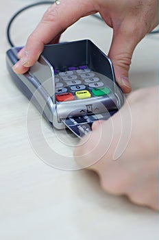 Transaction with credit debit card hands holding