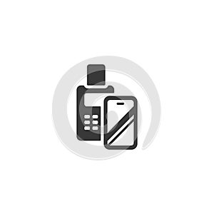 Transaction with smartphone. Swiping terminal payment. Pay with mobile. Isolated icon. Commerce glyph vector illustration