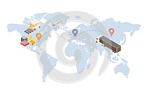 Transatlantic goods shipping isometric illustration. International logistic company with transportation terminal unit in photo