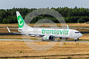 Transavia Airlines Boeing 737 passenger plane arriving at Eindhoven-Airport. The Netherlands - June 22, 2018