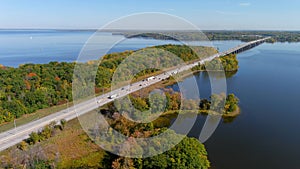 TransCanada highway, Lake of Two Mountains Bridge and fall season colors in the outskirts of Montreal