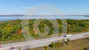 TransCanada highway, Lake of Two Mountains Bridge and fall season colors in the outskirts of Montreal