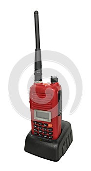 Red portable radio transceiver with long antenna isolated on white background