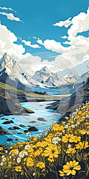 Transcendent Fjord Landscape With Yellow Flowers And Mountains