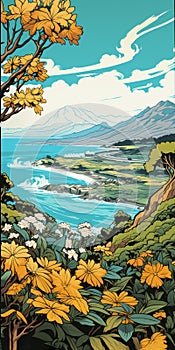 Transcendent Island Landscape With Yellow Flowers And Mountains