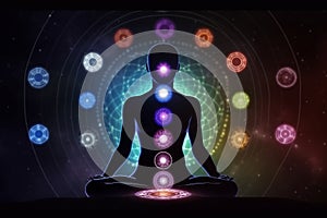 Transcendental chakras space meditation human silhouette. Generative AI