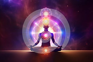 Transcendental chakras space meditation human silhouette. Generative AI