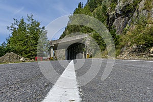 Transfagarasan mountain winding road whit tunnels.Low angle view.