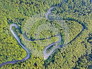 Transfagarasan road DN7C in regions of Transylvania and Wallachia. Winding asphalt paved road in woods of Carpathians, Romania.