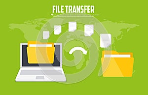 Transfer files. Backup files. Communication between two computers. Vector flat icon
