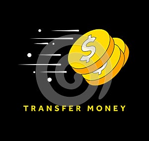 Transfer money background template with flying golden coins, dollar sign, isolated on background. Vector illustration