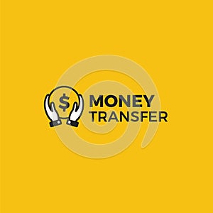 Transfer money logo. Gold dollar coin with hands businessman