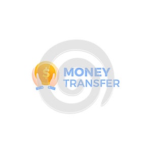 Transfer money logo. Gold dollar coin with hands businessman