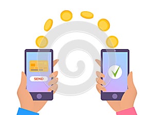 Transfer money online, mobile payment vector illustration. Phone transaction, business internet pay and digital banking