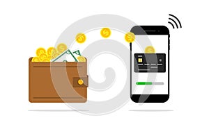 Transfer money from wallet to phone. Payment transaction, cashback concept. Exchange electronic money. vector illustration