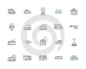 Transferal line icons collection. Relocation, Transport, Hauling, Shifting, Conversion, Exchange, Migration vector and