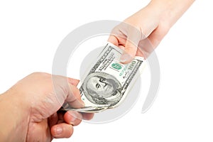 Transferring of money from hand to hand.