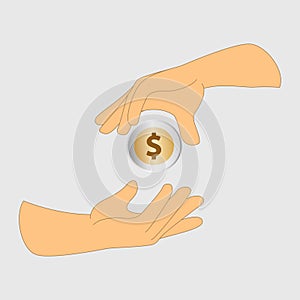 Transferring one dollar coin from one hand to another, saving money metaphor