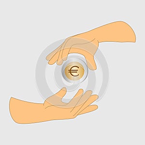 Transferring one euro coin from one hand to another, finance concept