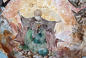 Transfiguration Cathedral in Uglich Kremlin, Russia. Icon on the ceiling.