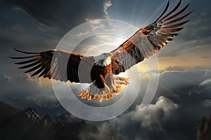 Transfigured eagle soars high, embracing the heavens beyond the clouds