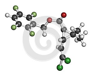 Transfluthrin insecticide molecule. 3D rendering. Atoms are represented as spheres with conventional color coding: hydrogen white