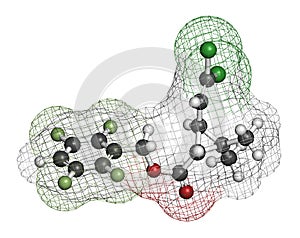 Transfluthrin insecticide molecule. 3D rendering. Atoms are represented as spheres with conventional color coding: hydrogen white