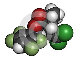 Transfluthrin insecticide molecule. 3D rendering. Atoms are represented as spheres with conventional color coding: hydrogen white