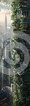 Transform the concept of a city into a self-sustaining biosphere Envision skyscrapers with vertical gardens, solar panels, and