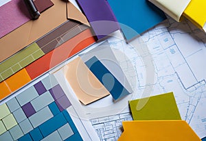 Transform Your Space with Interior Design: Color Samples, Materials, and Blueprint.