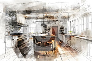 Before After Transformation: Interior Design Blueprint to Real Wooden Country Kitchen. Concept