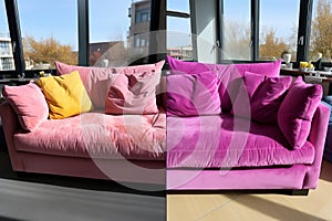 Transformation: Pink Soft Sofa Before and After Professional Cleaning. AI