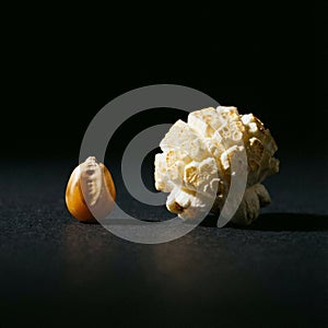 Transformation: Popcorn Kernel Next to a Fully Popped Popcorn Piece on a Dark Background AI-GENERATED