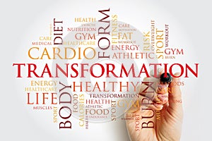 TRANSFORMATION word cloud with marker, fitness, sport, health concept background with marker