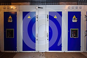 Transformer box. Locked metal doors of switchgear cabinets