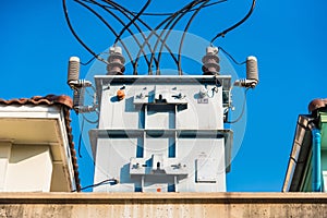 The transformer on high power station. High voltage photo