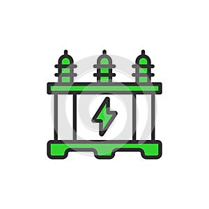 Transformer, in line design, green. Electrical, Power transformer, Voltage, Distribution transformer on white background